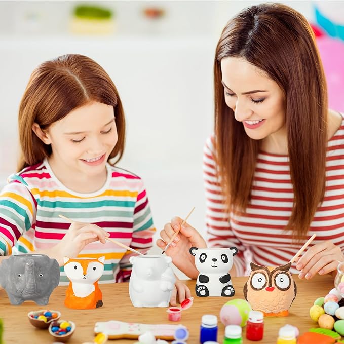 Sunnychicc 12 Sets DIY Ceramic Animal Succulent Pots Figurines Unpainted Ceramic Bisque Paintable Animal Flowerpots with Drainage Hole Ready to Paint for Kids Classroom Craft Project