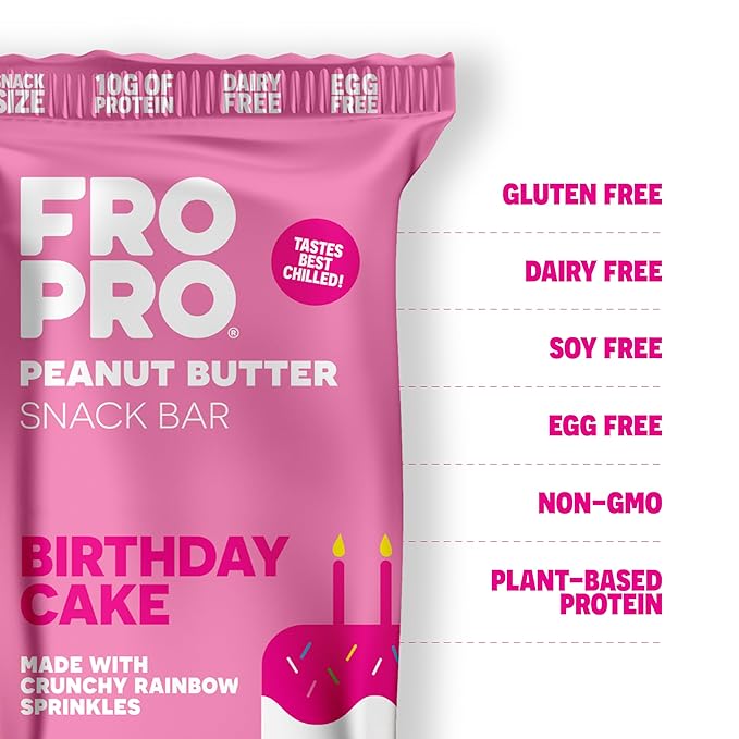FROPRO Plant Protein Snack Bars - Plant Based Protein Bars, All-Natural, Gluten, Dairy, & Soy Free, High Protein Bars with Low Calories | Birthday Cake, 24 Pack