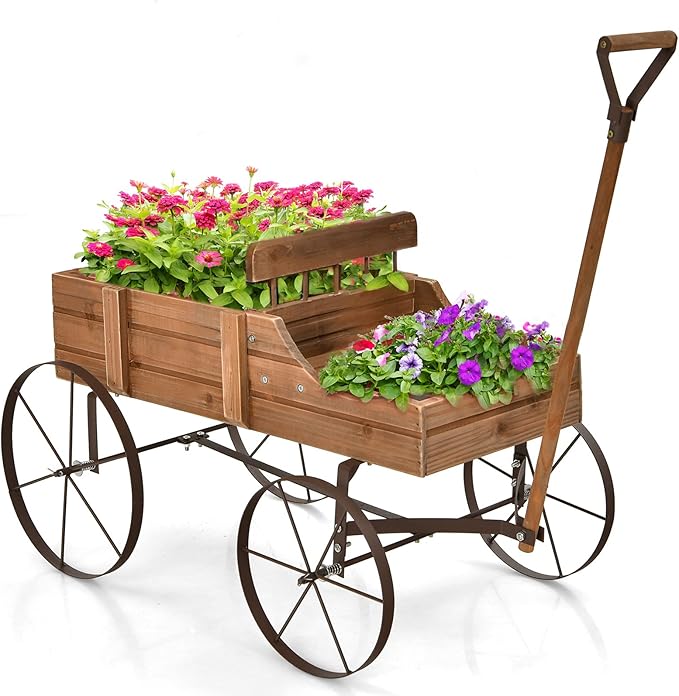 Giantex Decorative Garden Planter, Small Wagon Cart with Metal Wheels, Wood Raised Beds Plant Pot Stand for Backyard Garden Patio 24.5"x13.5"x24" (Natural)