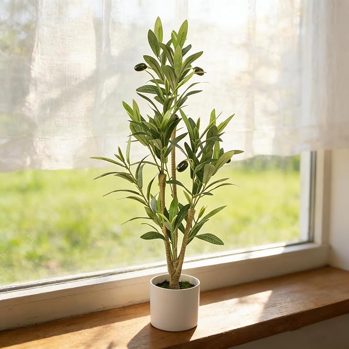 28" Fake Olive Tree with Pot Indoor, Small Artificial Olive Branches Stems Potted Greenery Faux Green Plants in Pot for Tabletop Desk Office Bedroom Bathroom Kitchen Living Room Home Decor