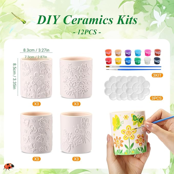 Zubebe 12 Pcs Spring Paint Your Own Insect Ceramic Pots Bulk Unfinished Succulent Pots Painting Kit with Drainage Hole Mini Paintable Plant Vase Ready to Paint Planter for Spring Garden DIY Craft