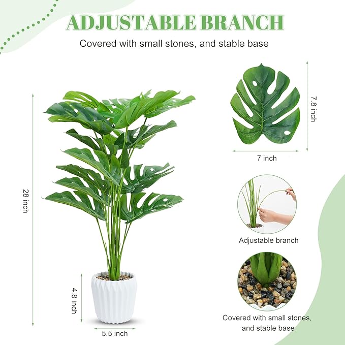 Set of 2 Fake Plants 28" Tall Artificial Monstera Deliciosa with 18 Leaves in White Pot for Home Office Decor