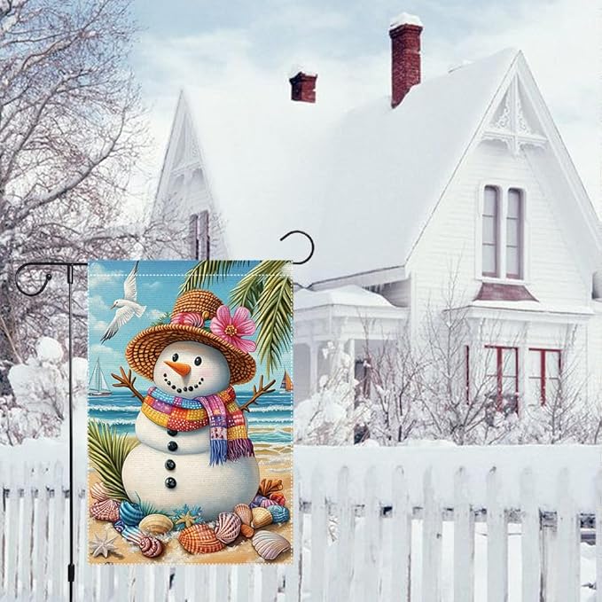 Tropical Christmas Snowman Garden Flag 12x18 Inch Double Sided Burlap Beach Holiday Yard Decor Summer Santa Outdoor Winter House Banner for Patio Porch Lawn Seaside