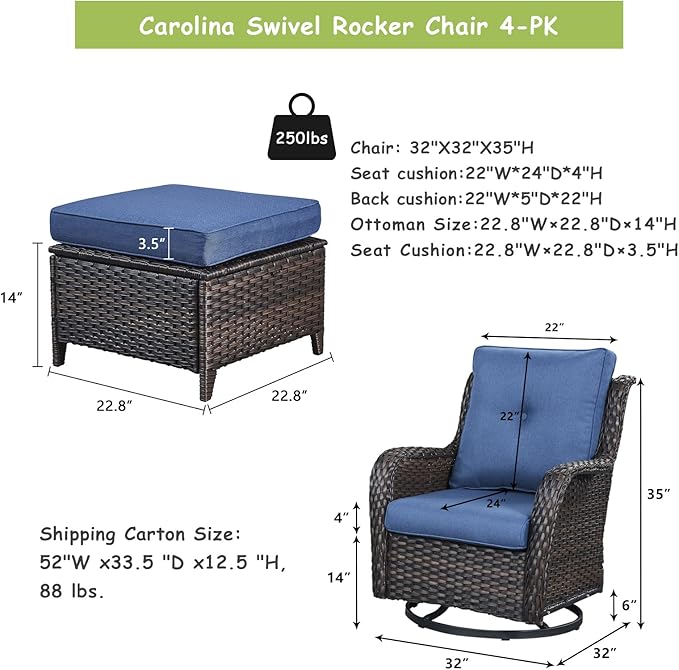 Rilyson Wicker Patio Furniture Set - 4 Piece Rattan Outdoor Sectional Conversation Sets with 2 Swivel Rocking Chairs,2 Ottomans for Porch Deck Garden(Brown/Blue)