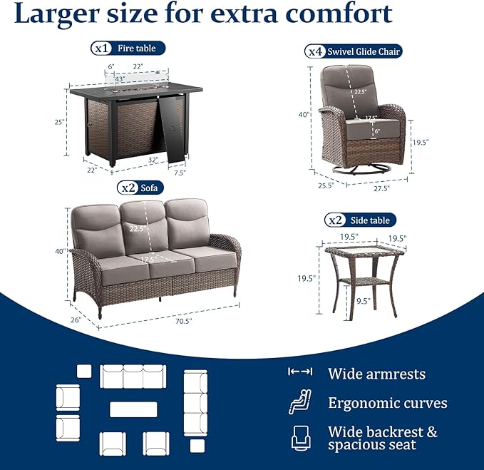 Outdoor Swivel Rocking Chair Patio Set (9pcs) High-Back - Thick Cushion Swivel Rocking Chair Patio with Fire Table Set, All-Weather Wicker Patio Furniture Set, Suitable for Balcony Patios, Brown/Gery