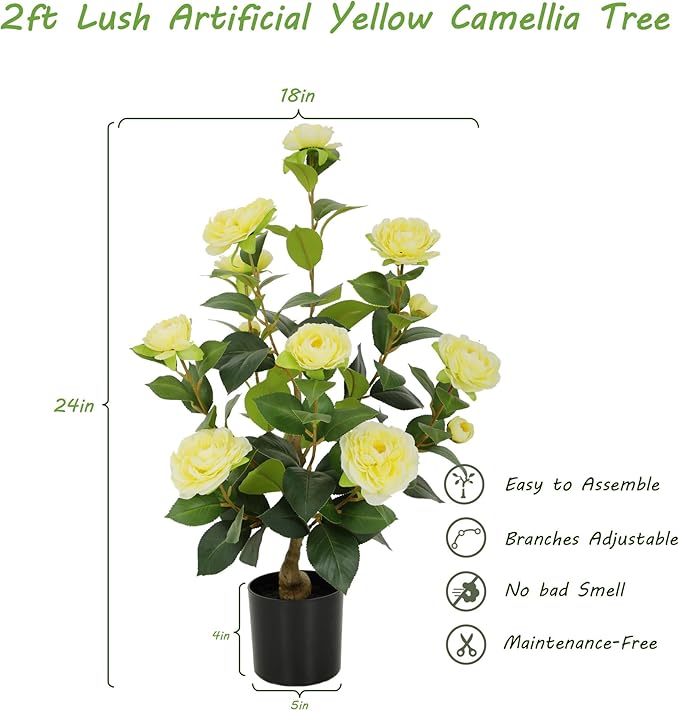 Nafresh 2FT Lush Artificial Yellow Camellia Tree Outdoor 2 Pack, 24inch Faux Camellia Plant, Fake Camellia Flowers Tree for Indoor Outdoor Living Room Home Patio Front Door Garden Decor