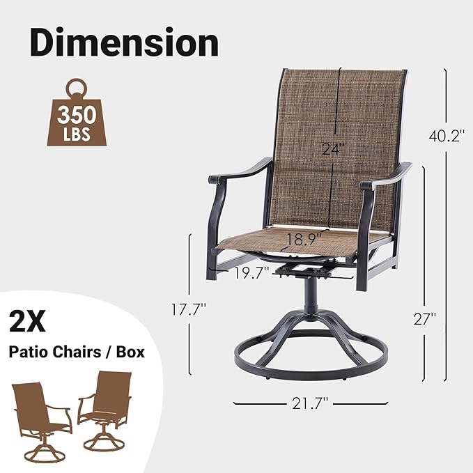 Soohow Patio Dining Chairs Set of 2, Swivel Outdoor Patio Chair with Paded Textilene Fabric, All Weather Outdoor Seats Ergonomic Comfort, Perfect Seats for Backyard, Balcony, and Garden