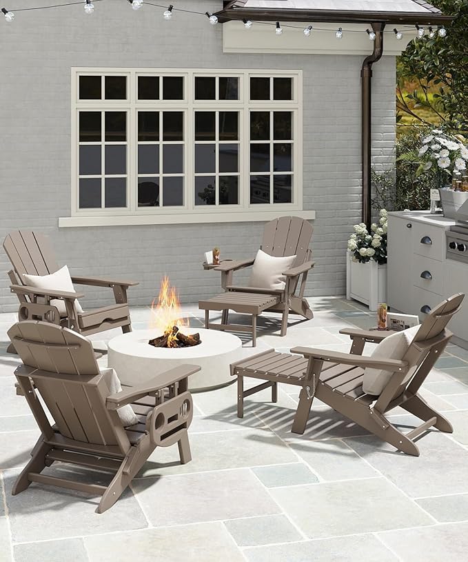 Adjustable Adirondack Chair with Retractable Ottoman, HDPE Folding Adirondack Chair with Cup Holder, All Weather Fire Pit Chair for Outdoor.