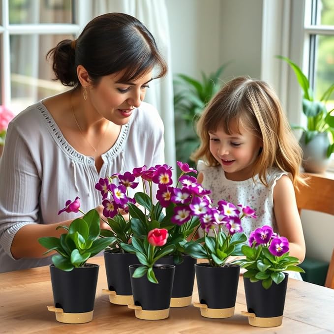 zople 12 Pack 4 Inch Self Watering Plant Pots with Drainage and Saucers，Plastic Flower Pots for Indoor and Outdoor Plants, Nursery Planters for Houseplants and Herbs Black Brown, 4 inch 12pcs