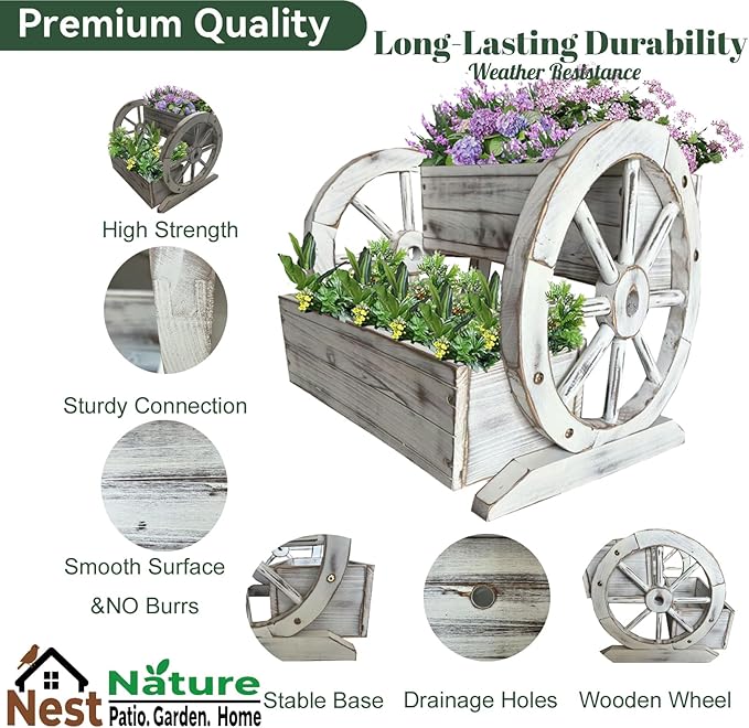 NestNature Wooden Wagon Planter Box,Raised Garden Bed,Decorative Garden Planters with Wheels-Outside Flower Pots for Indoor/Outdoor Décor Plants (Antique White)