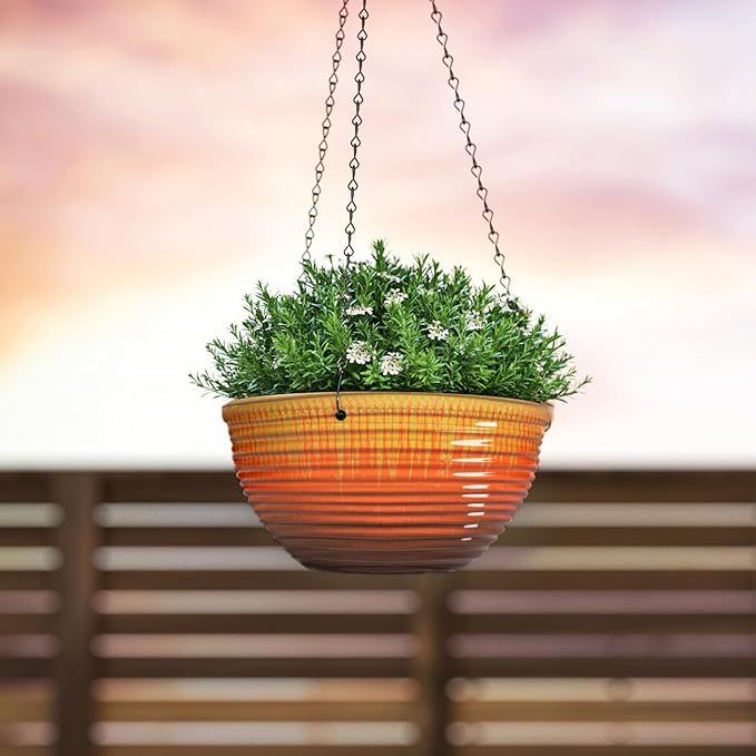 LESOASIS 10inch Hanging Planters for Indoor and Outdoor Plants, 2 Pack Hanging Planter with Drainage Hole, Round Hanging Flower Pots for Garden Home Decor (Orange Glaze)
