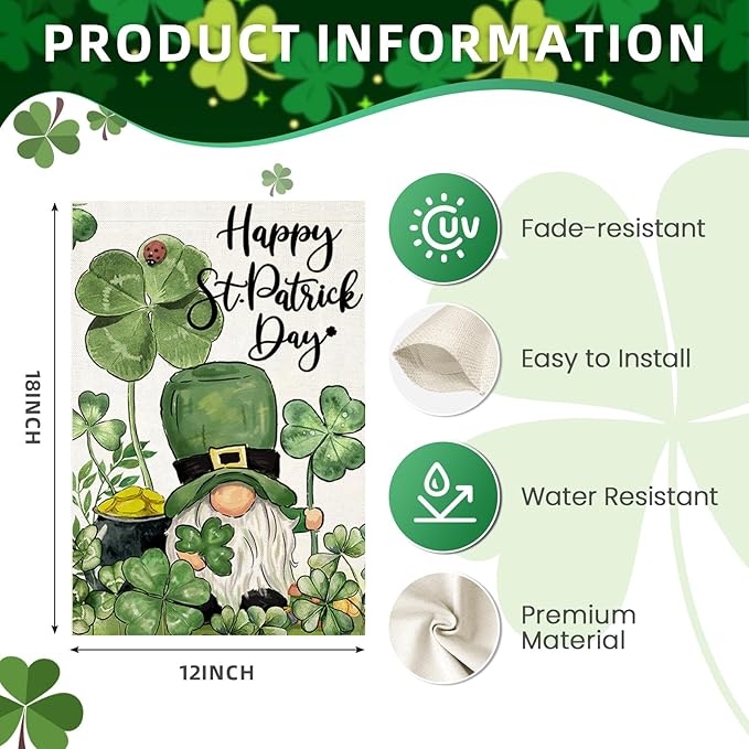 Happy St Patricks Day Garden Flags for Outside, Irish Gnome with Lucky Shamrocks Small Seasonal Decoration for Holiday Anniversary Yard Outdoor Decor 12x18 Inch Double Sided