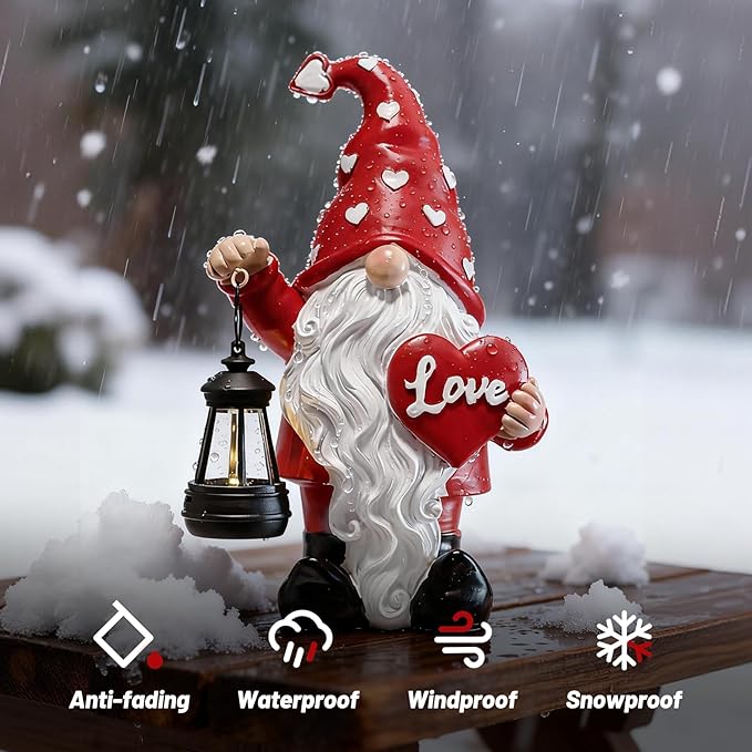 Valentines Day Decorations, Valentines Day Garden Gnome Decorations Outdoor, Waterproof Resin Gnomes Holding Heart-Shaped and Solar Lantern, Valentines Gifts Outdoor/Indoor Decor