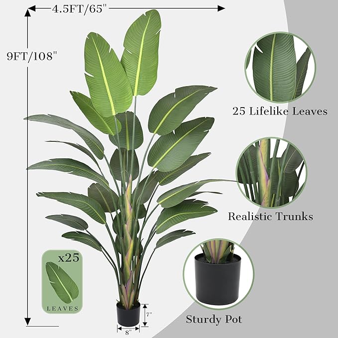 Bird of Paradise Artificial Plant 9FT, 108" Tall Artificial Plants Indoor with 25 Realistic Banana Leaves and Large Trunks, Faux Tropical Trees with Pot for Home Living Room Office Indoor Decor