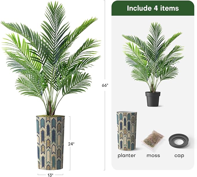 Artificial Tree in Modern Polygon Pattern Effect Planter, Fake Areca Tropical Palm Silk Tree for Indoor and Outdoor Home Decoration - 66" Overall Tall (Plant Pot Plus Tree)