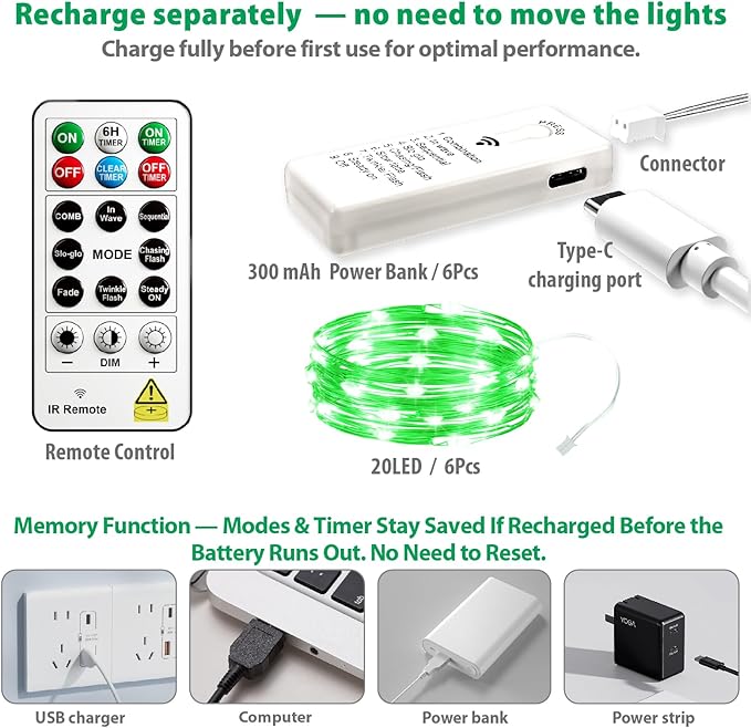 HXWEIYE 6 Pack Rechargeable Fairy Lights Battery Operated with Remote & DIY Timer, 7ft 20LED Mini Twinkle String Light for Mason Jar DIY Wedding Table Centerpieces Party Bedroom Christmas (Green)