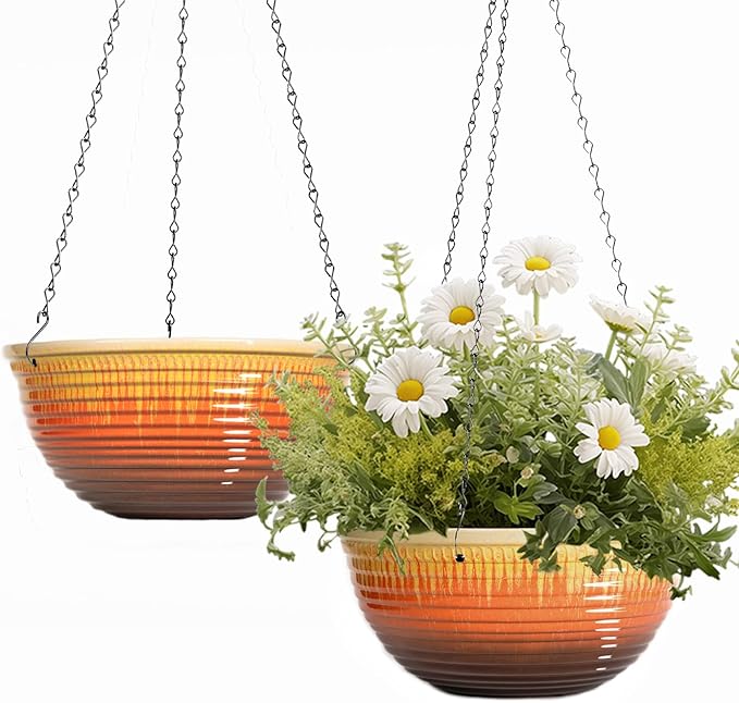 LESOASIS 10inch Hanging Planters for Indoor and Outdoor Plants, 2 Pack Hanging Planter with Drainage Hole, Round Hanging Flower Pots for Garden Home Decor (Orange Glaze)