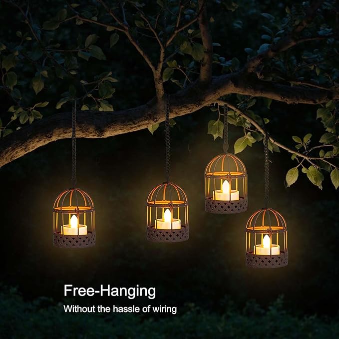 Solar-Hanging-Lanterns-Outdoor-Waterproof, Rust Birdcage Style Candle Holders with Flickering Solar Tea Lights for Backyard Patio Garden Fence Tree Decoration (4 Pack)