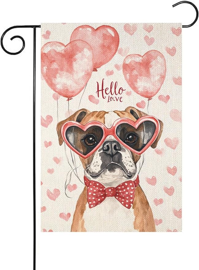 Valentine's Day Boxer Dog Hello Love Garden Flag, House Yard Plaid Love Heart Outside Decoration, Spring Holiday Wedding Anniversary Outdoor Small Decor 12x18(12636)