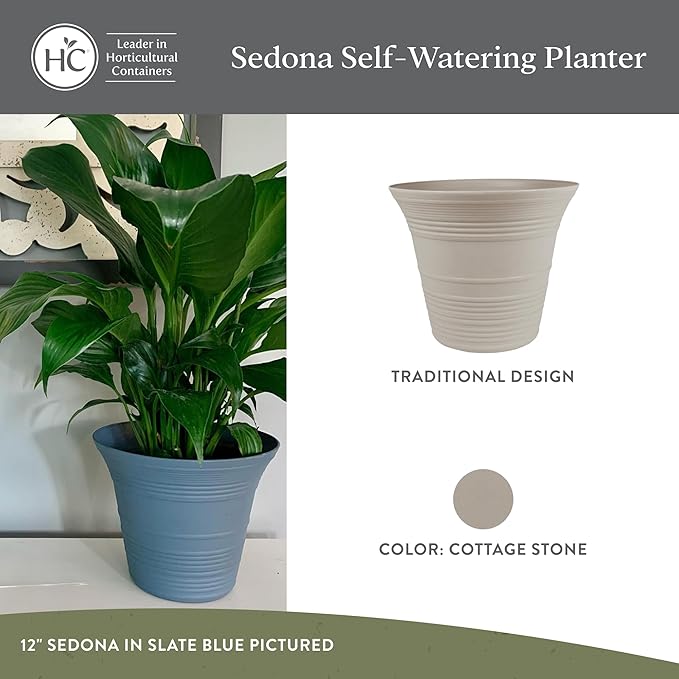 The HC Companies 7 Inch Sedona Round Self Watering Planter Pots, Lightweight UV-Resistant Plastic Indoor & Outdoor Planters, 4-Pack Flower Pots for Garden & Home Decor, Cottage Stone