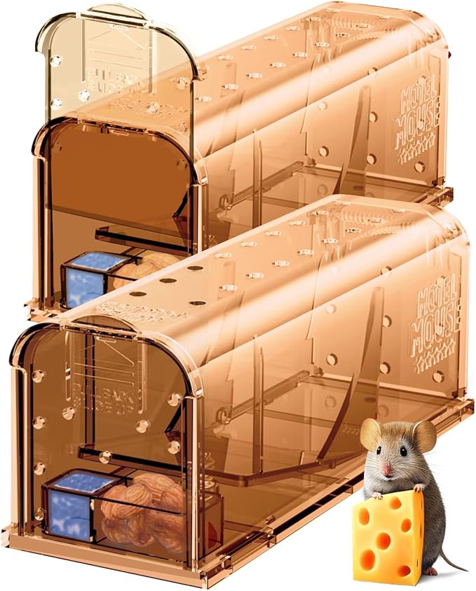 Motel Mouse Humane Mouse Traps No Kill Live Catch and Release 2 Pack - Reusable, Easy to Use & Clean, No Touch Release, Sensitive Includes Cleaning Brush, Instruction Manual & Video - Mousetrap Indoor