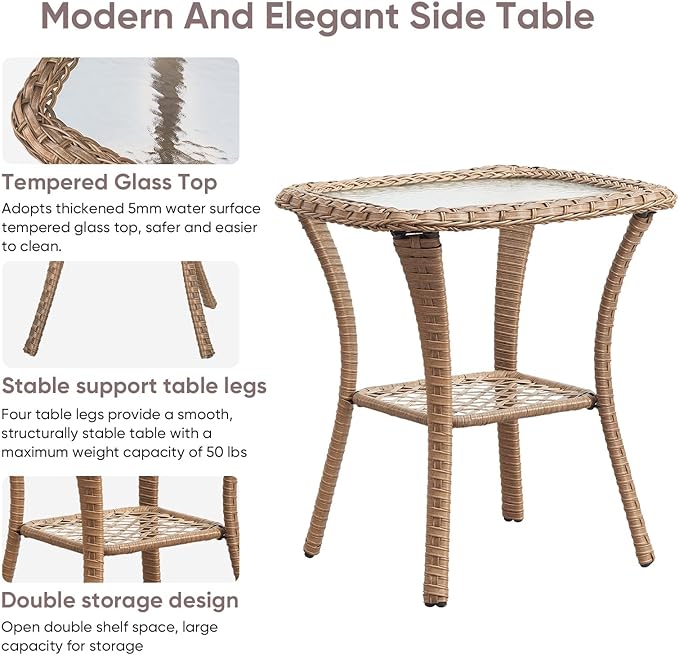 Patio Wicker Side Table, Outdoor PE Rattan End Table with 5mm Tempered Glass Top and 2-Tier Storage Shelf, 20" Square Coffee Table for Deck Porch Garden Backyard-Yellow Wicker