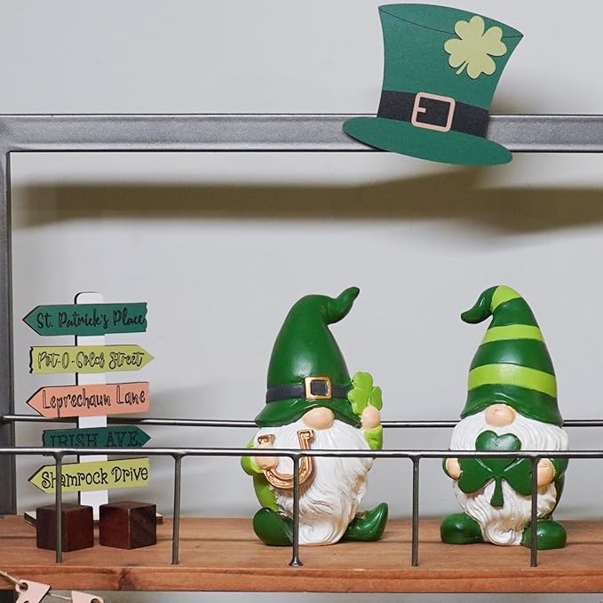 Newman House Studio St Patricks Day Decorations Gnome Décor - 2Pc Resin Gnome Figurines with Green Shamrock Horseshoe Modern Farmhouse Décor for Tabletop Home Décor