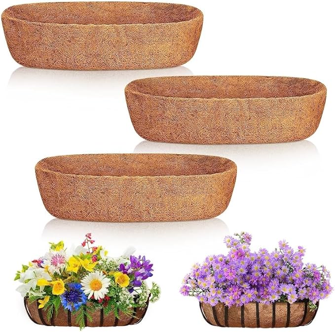 Coconut Fiber Planter Liner, 3PCS 36 Inch Natural Coco Liners for Deck Hanging Planter Window Box Liners Half Moon Shape Replacement for Flower Pots Horse Trough Hanging Basket Vegetables Pot
