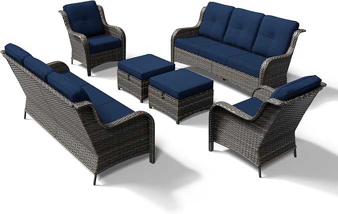 Joyside 6 Piece Wicker Patio Furniture Set, Rattan Patio Chairs with High Back, Deep Seating, Wide Armrest, Thickened Cushions, Outdoor Furniture for Deck, Porch Use