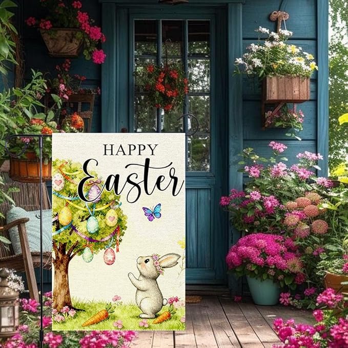 Happy Easter Garden Flag 12x18 Inch Double Sided Burlap Easter Watercolor Egg Tree Bunny Carrots Butterfly Outdoor Decor for Yard Patio Spring Easter Decor