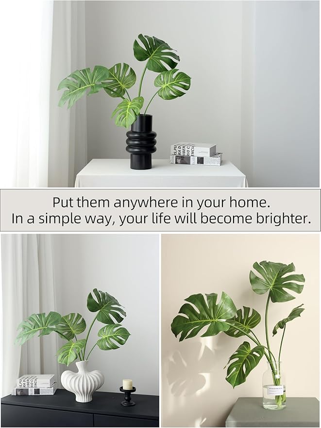 5pcs Artificial Monstera Leaves with Long Stem for Vase - Fake Tropical Plants Palm Leaves Realistic Turtle Leaves for Birthday Party Wedding Room Decor