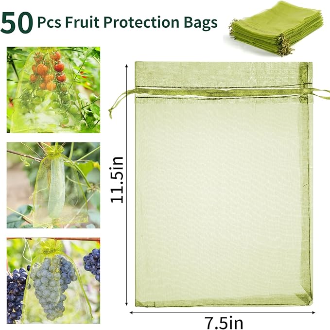 50 Pcs Fruit Protection Bags, 7.5×11.5 Inches Green Fruit Nets for Fruit Tree, Drawstring Mesh Cover Bags to Protect Vegetables Tomato Strawberry Garden