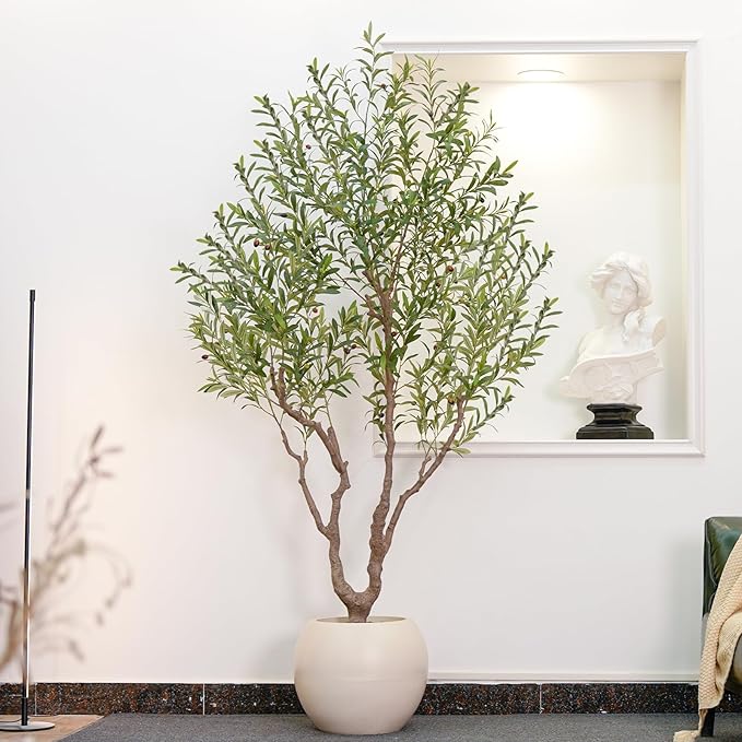 Olive Tree Artificial Indoor, 8FT Tall Faux Olive Tree with 16in Round White Planter, Artificial Plants with Natural Wood Trunk and Lifelike Fruits for Home Office Decor