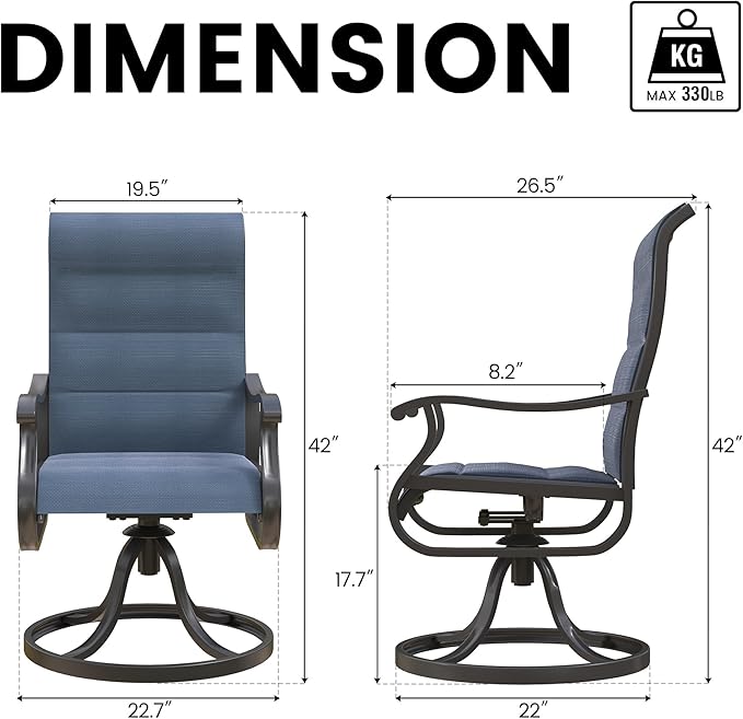 Patio Swivel Chairs Set of 4, Outdoor Dining Chairs with High Back, All-Weather Swivel Rocker Chair for Lawn, Porch or Garden (Padded Navy)