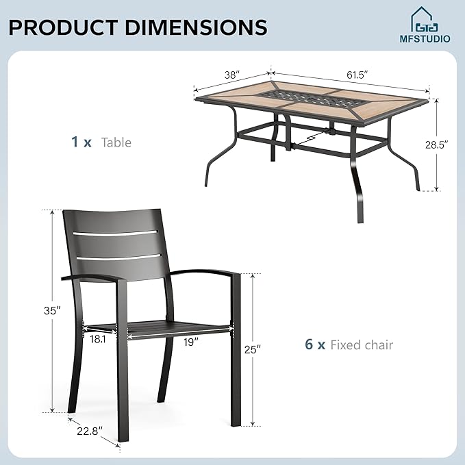 MFSTUDIO Outdoor Dining Set for 6, Metal Patio Table and Chairs Set, 7 Piece Wrought Iron Patio Furniture Dining Set for Deck Backyard Garden