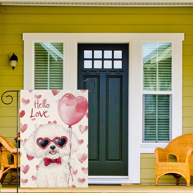 Valentine's Day Bichon Frise Hello Love Garden Flag, House Yard Plaid Love Heart Outside Decoration, Spring Holiday Wedding Anniversary Outdoor Small Decor 12x18(12621)