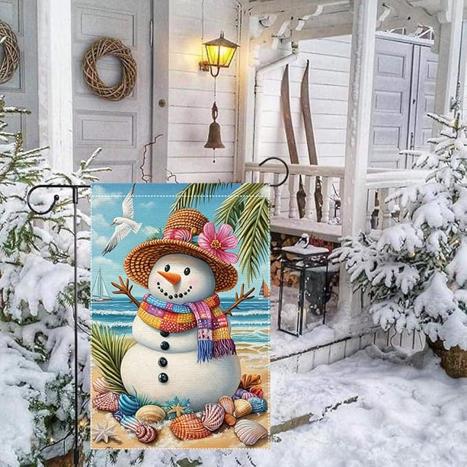 Tropical Christmas Snowman Garden Flag 12x18 Inch Double Sided Burlap Beach Holiday Yard Decor Summer Santa Outdoor Winter House Banner for Patio Porch Lawn Seaside