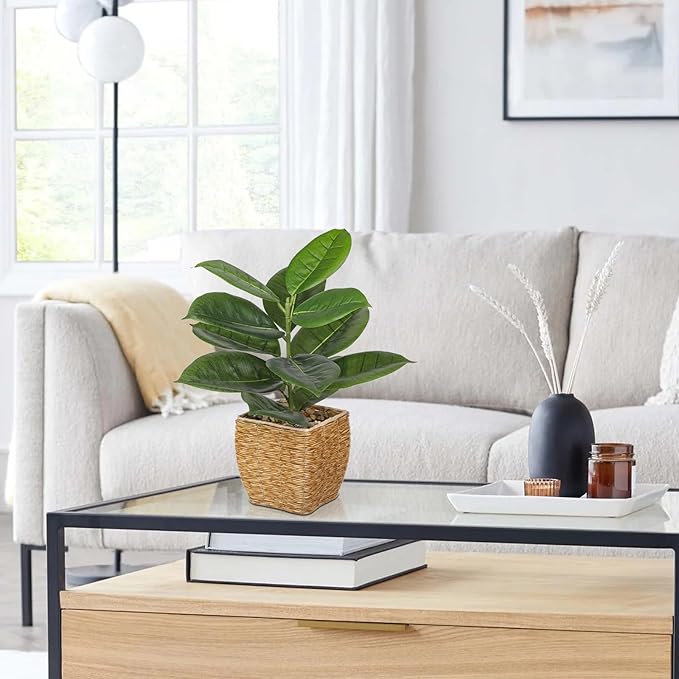 Briful Fake Plants Potted Oak Artificial Plants Indoor Realistic Greenery Faux Plants in Square Plastic Rattan Baskets for Home Decor Farmhouse Office Weddings