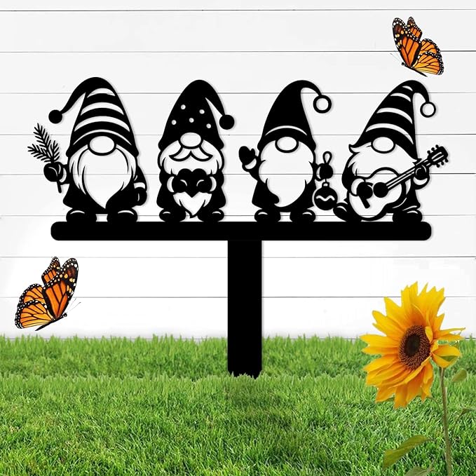 Magilab Personalized Iron Yard Stake - Christmas Cute Gnome Dwarves Decor, 8-Inch Black Metal Garden Sign for Outdoor (Style R)