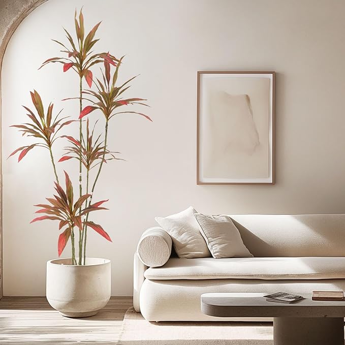 Artificial Cordyline Plant, Indoor Potted Plant, 5 Stems with Black Planter, Suitable for large indoor living room decorations, potted plants, and window display scenes (Red-6ft)