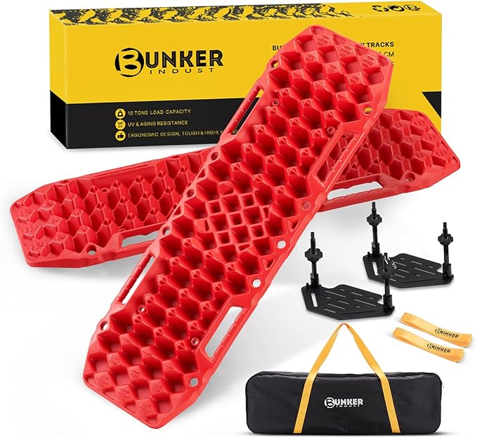BUNKER INDUST Gen 7th Traction Boards with Mounting Kit, Pair Offroad Recovery Tracks with Jack Base for 4X4 Jeep Truck Tire Traction-Sand,Mud, Snow Ramps (Red)