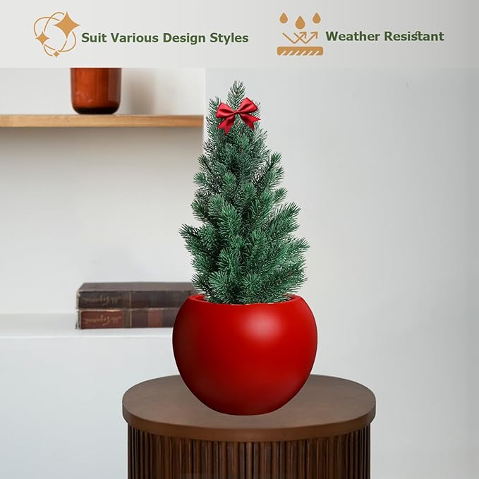 KUTE NEST 9.7" H x 12" D Globo Fiberstone Round Planter with Drainage Hole, Smooth Finishes, Weather Resistant for Indoor and Outdoor Use, Included 2 Extra Coco Mats (Red, 7.8" Pot Opening)