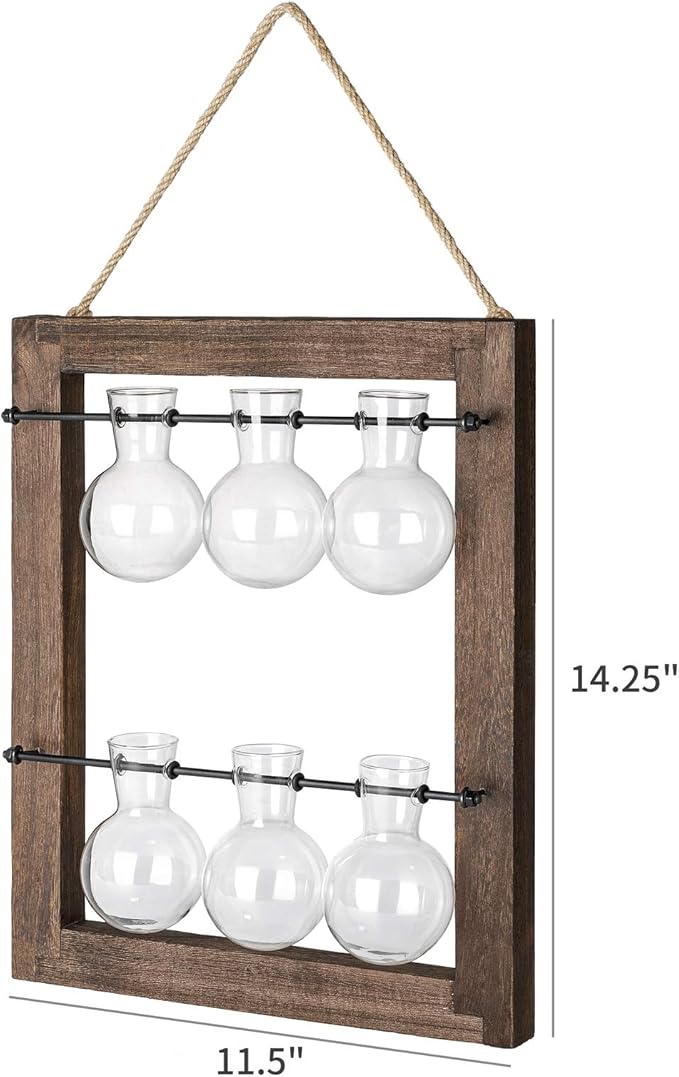 Mkono Propagation Station Wall Hanging Glass Planter, Flower Bulb Vase Plant Terrarium with Retro Wooden Stand Double Layer for Hydroponics Plants Home Garden Office Decor