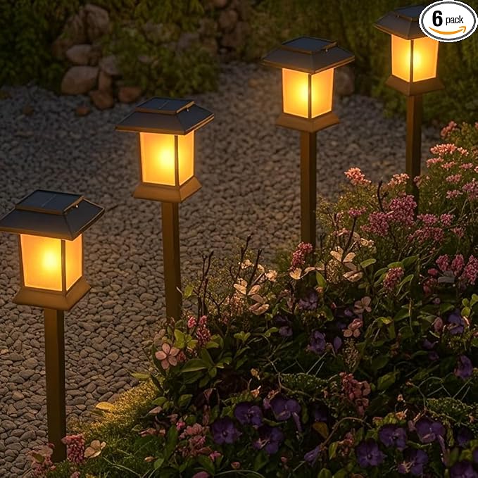 Glosola 6Pack Solar Pathway Lights Outdoor with Flickering Flame, IP65 Waterproof, Solar Flame Lights with Hook, Upgraded 1000mAH Battery, Up to 12Hrs, Auto On/Off, Decor for Garden, Walkway