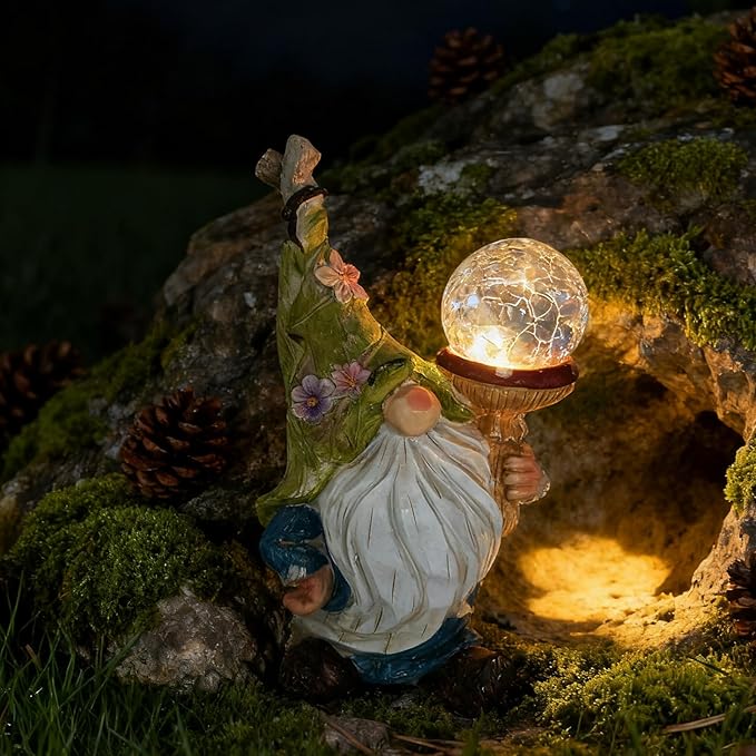 SAMPU CRAFT Garden Gnome Solar Light Statue - Outdoor Decorative Figurine with Crackle Glass Globe, Blue & White Floral Design, Waterproof LED Yard Art for Patio, Lawn, Garden, Porch