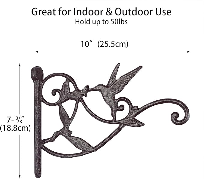 Livfodrm 2PCS Plant Hangers Outdoor Plant Hooks for Wall/Fence, Hummingbird Hanging Plant Bracket Heavy Duty Cast Iron Plant Hanger for Lantern/Bird Feeder, Drak Brown