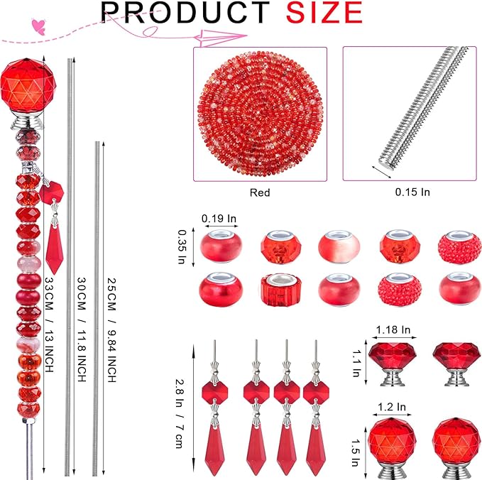 121 Pcs DIY Fairy Wand Beaded Garden Stakes Kit, Fairy Wands Garden Kit Red Large Hole Bead with Sparkling Pendants Crystal Stopper Top Threaded Rod Beaded Garden Stakes Supplies Outdoor Decorative