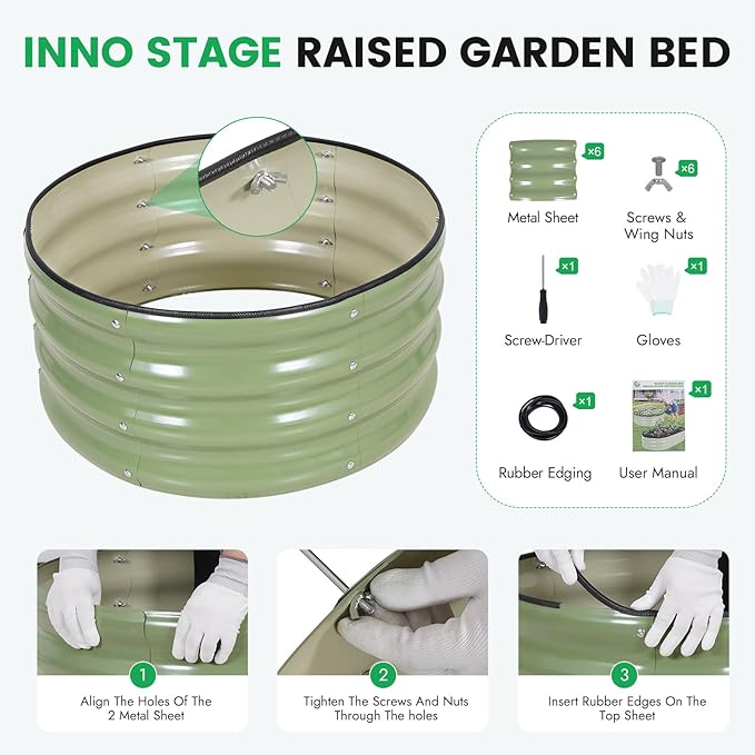 INNO STAG Round Galvanized Raised Garden Bed — 2×2×1ft Planter Box Outdoor Raised Beds Kit for Gardening Vegetables, Fruits, Herbs, and Flowers, Olive Green