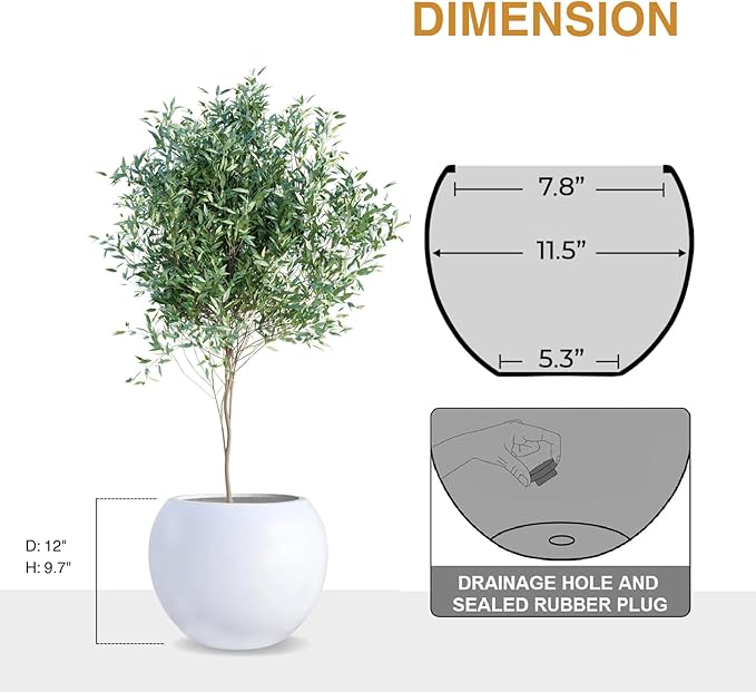 KUTE NEST 9.7" H x 12" D Globo Fiberstone Round Planter with Drainage Hole, Smooth Finishes, Weather Resistant for Indoor and Outdoor Use, Included 2 Extra Coco Mats (White, 7.8" Pot Opening)
