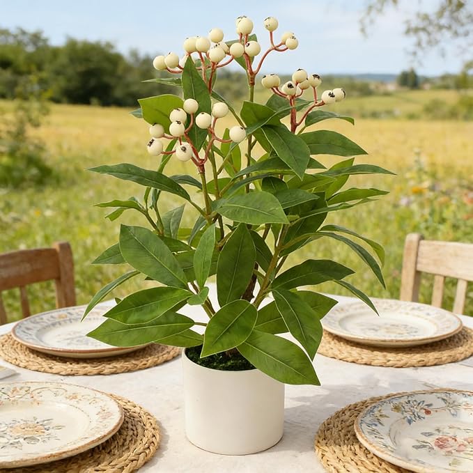 16" Artificial Potted Greenery Tree, Indoor Fake Berry Stems Tree in Pot Table Faux Green Plant for Home Desk Decor Office Kitchen Living Room Bedroom Bathroom (S, White Berry)